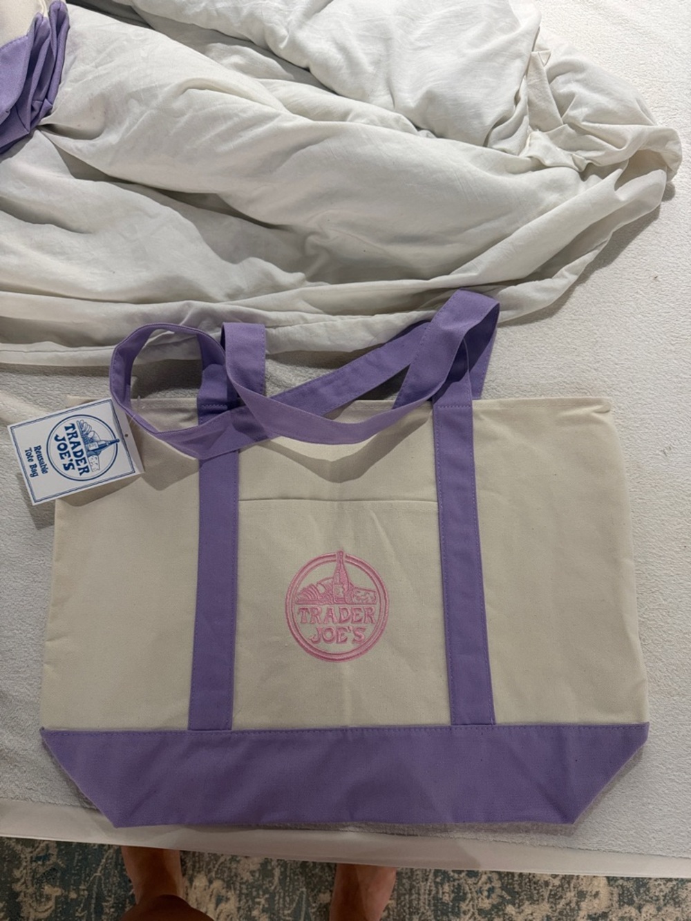 Trader Joe's Cream Tote with Lavender Trim